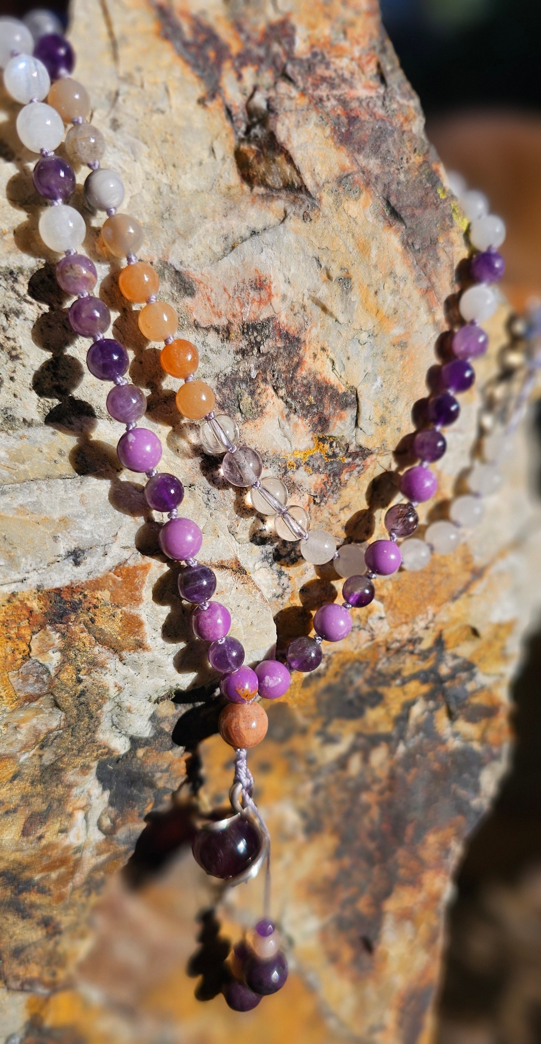 Lepidolite Sterling silver pendant on Gemstone Mala Bead Necklace