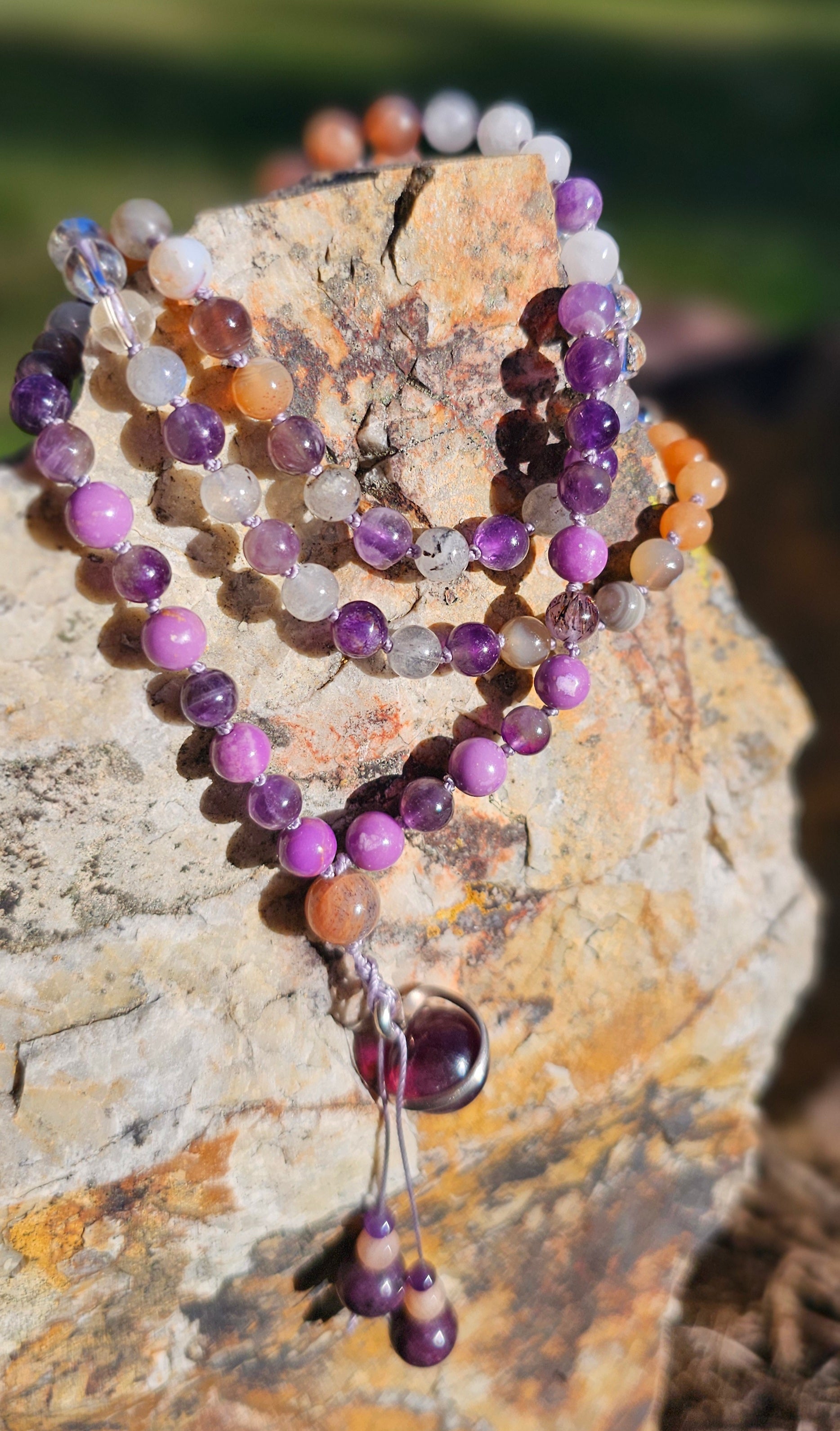 Lepidolite Sterling silver pendant on Gemstone Mala Bead Necklace