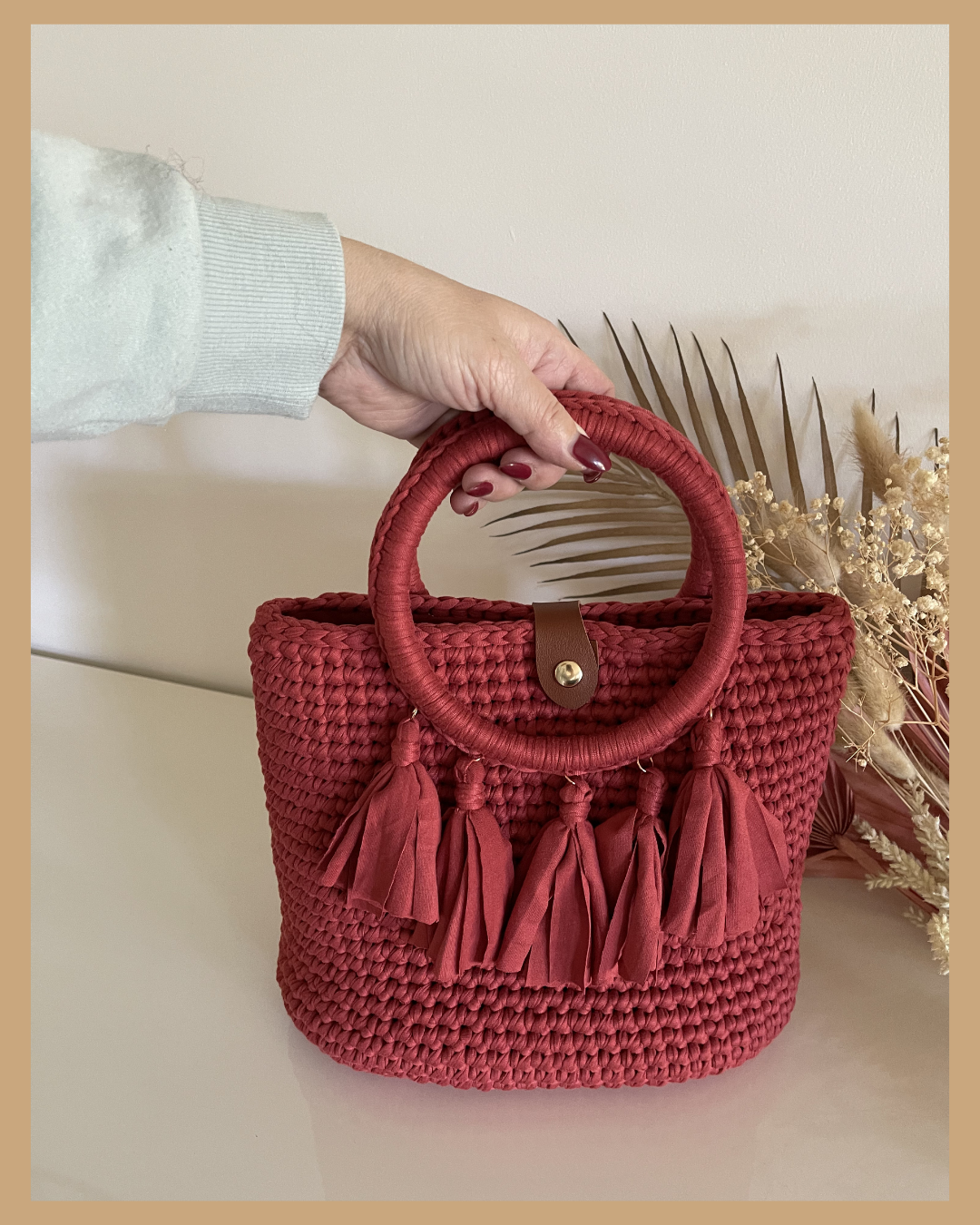 Handmade Crochet Bag Rose T Shirt Yarn Tassel Bag 30cm