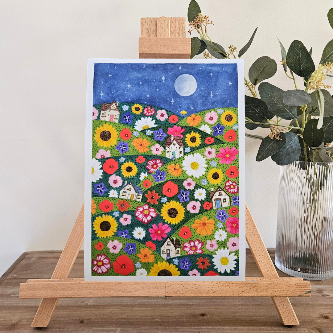 Watercolour Art Print - 'Wildflower Village'