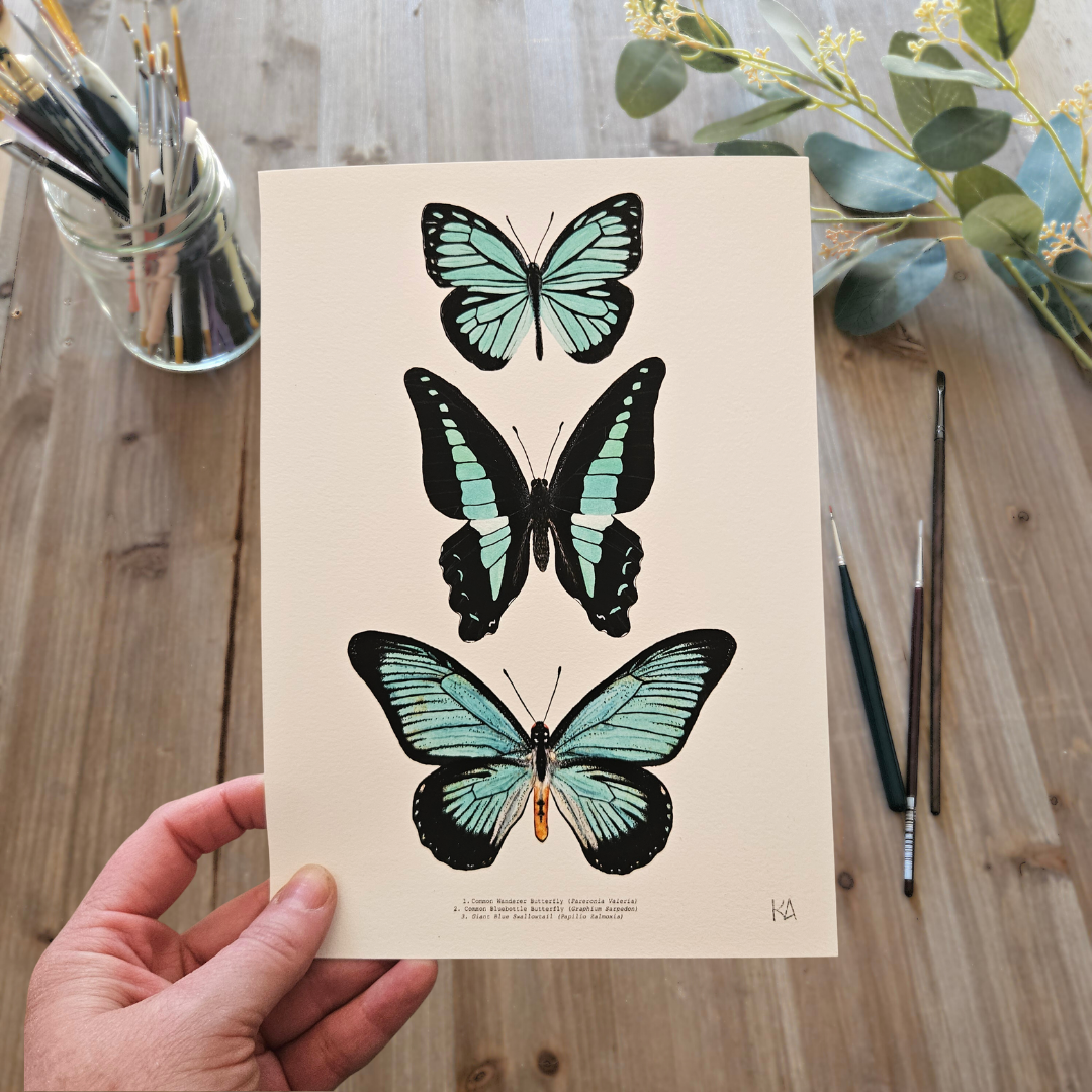 Watercolour Art Print - 'Turquoise Butterfly Trio'