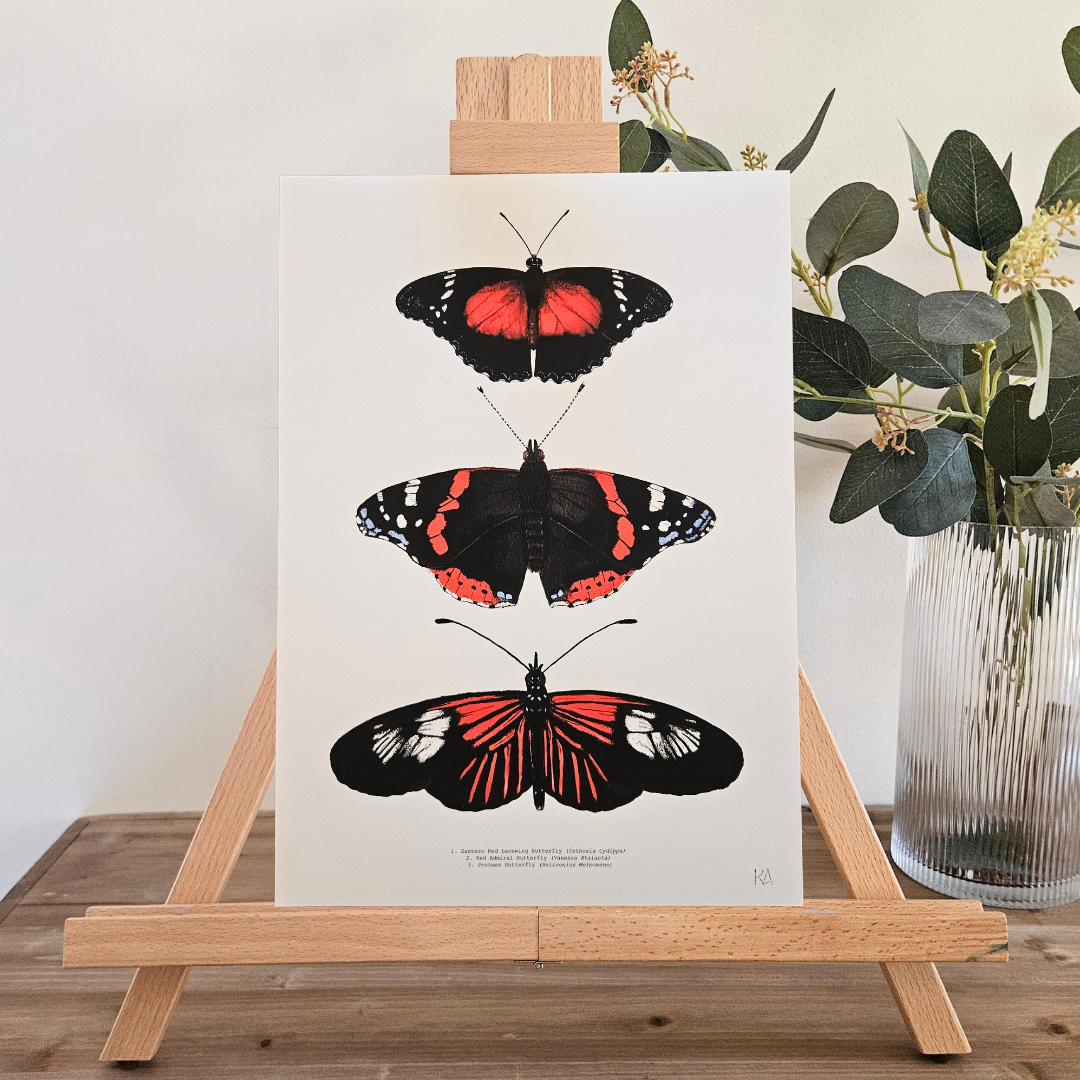 Watercolour Art Print - 'Red Butterfly Trio'