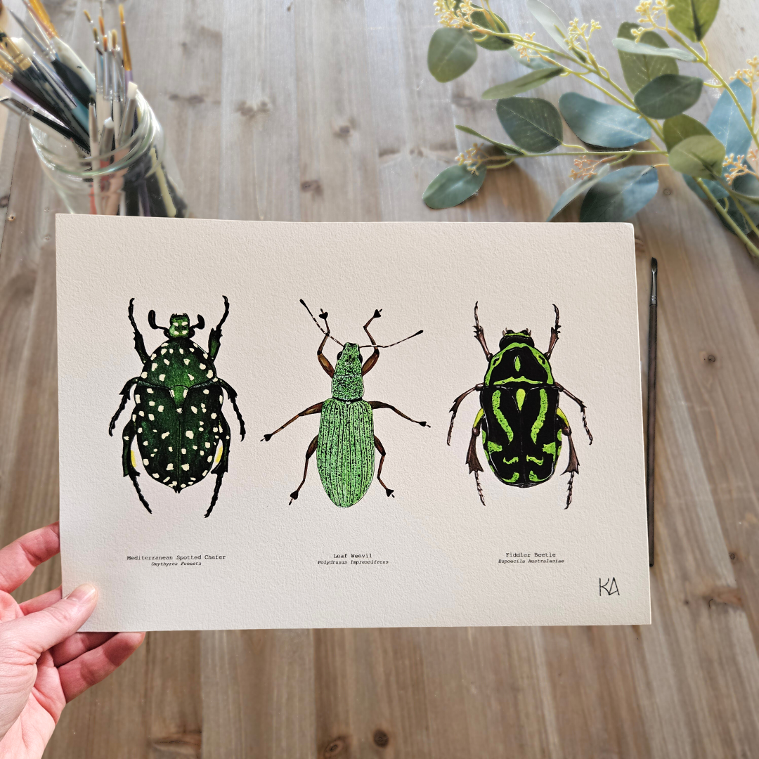 Watercolour Art Print - 'Green Bug Trio'