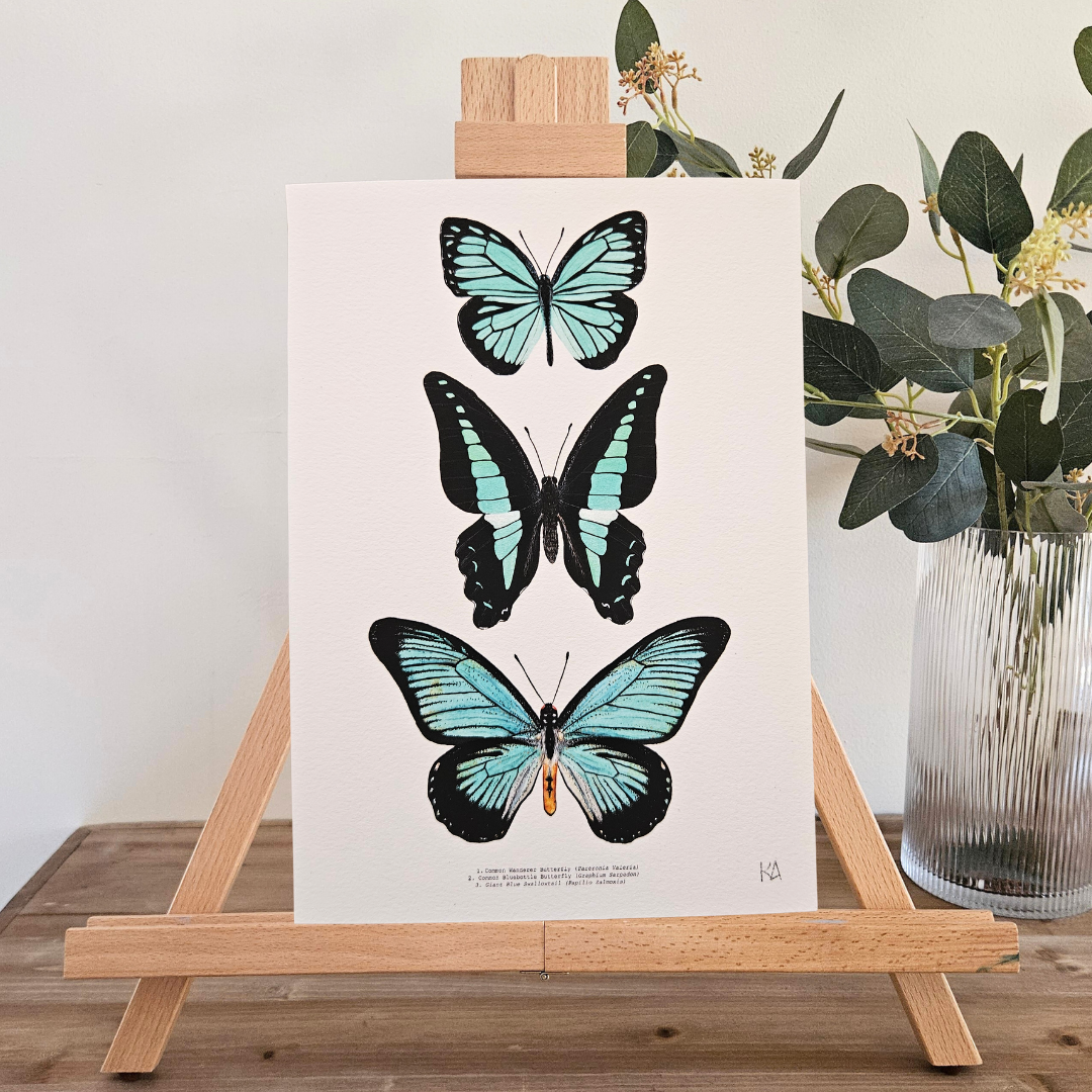 Watercolour Art Print - 'Turquoise Butterfly Trio'