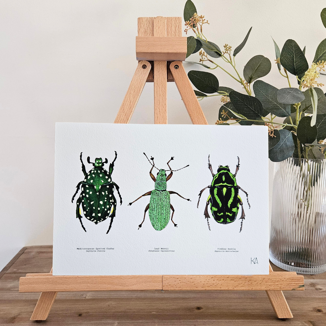 Watercolour Art Print - 'Green Bug Trio'