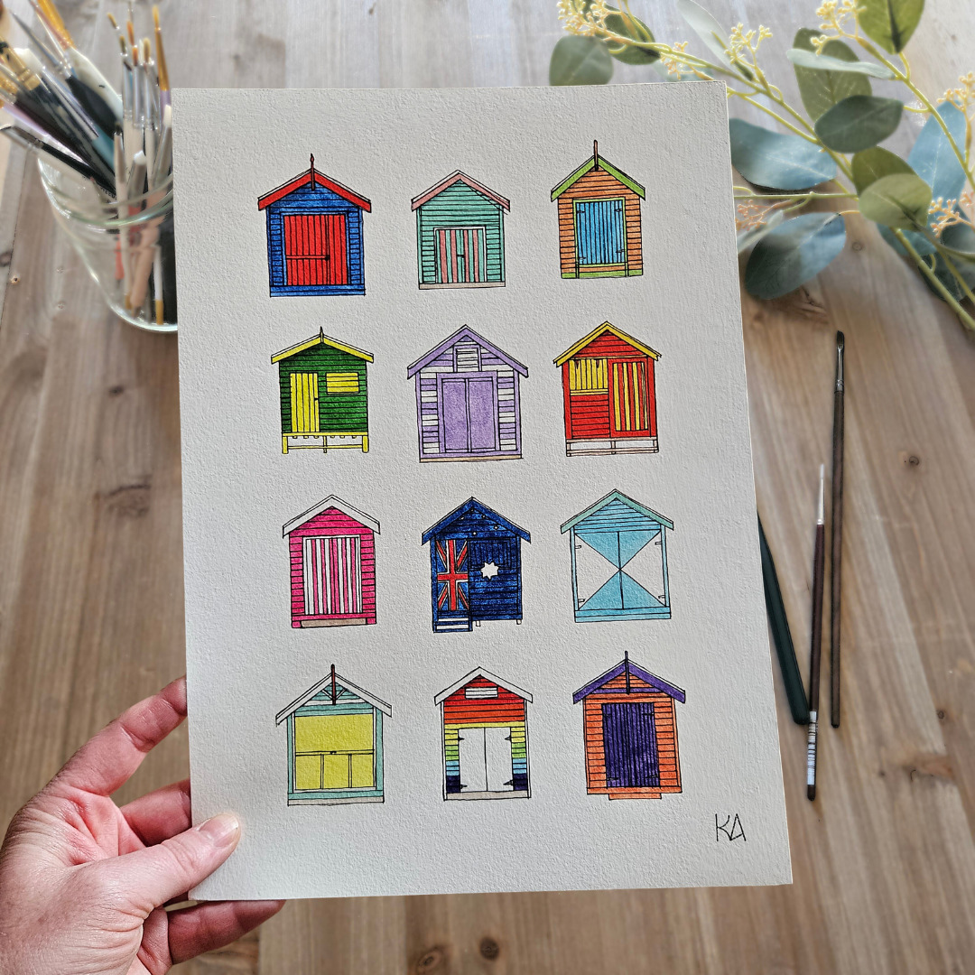 Watercolour Art Print - 'Brighton Bathing Boxes'