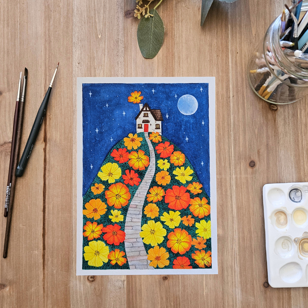 Watercolour Art Print - 'Cosmos Cottage'