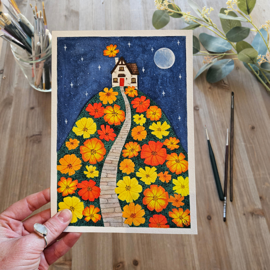 Watercolour Art Print - 'Cosmos Cottage'