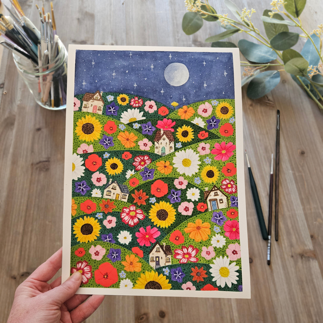 Watercolour Art Print - 'Wildflower Village'