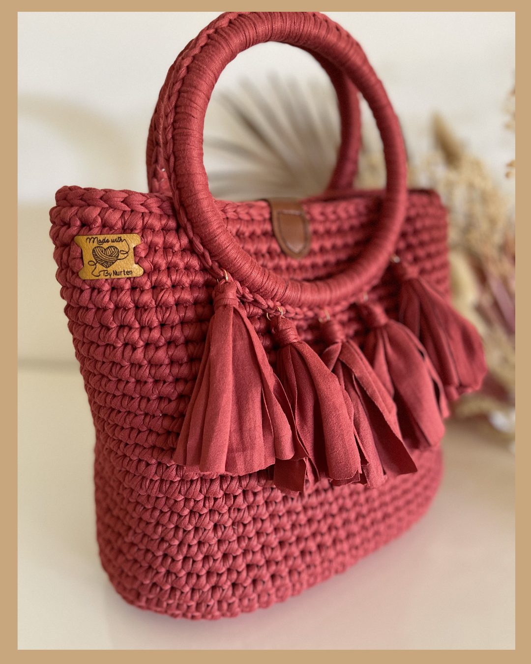 Handmade Crochet Bag Rose T Shirt Yarn Tassel Bag 30cm