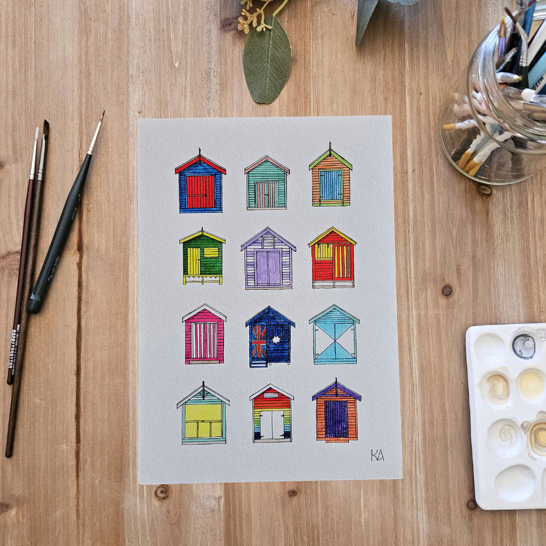 Watercolour Art Print - 'Brighton Bathing Boxes'