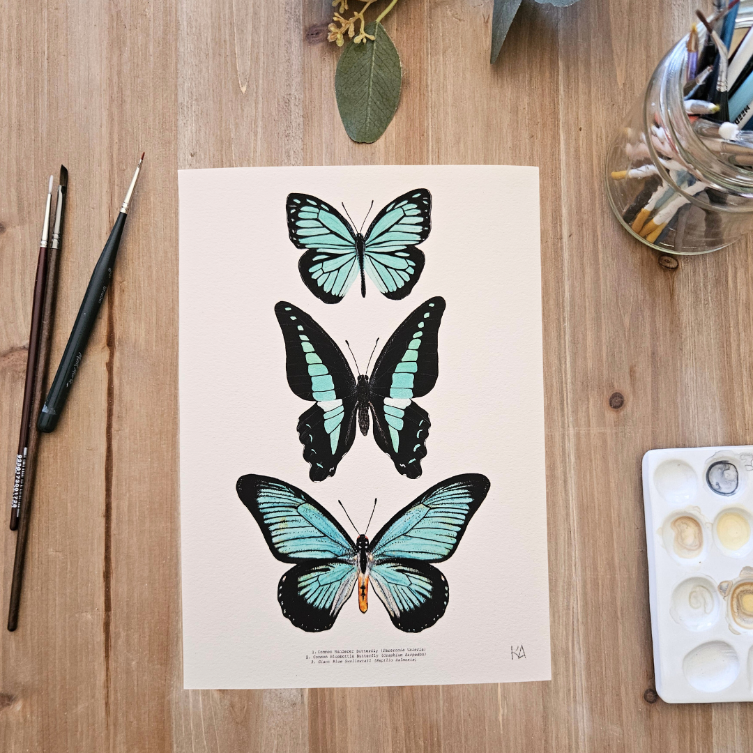 Watercolour Art Print - 'Turquoise Butterfly Trio'