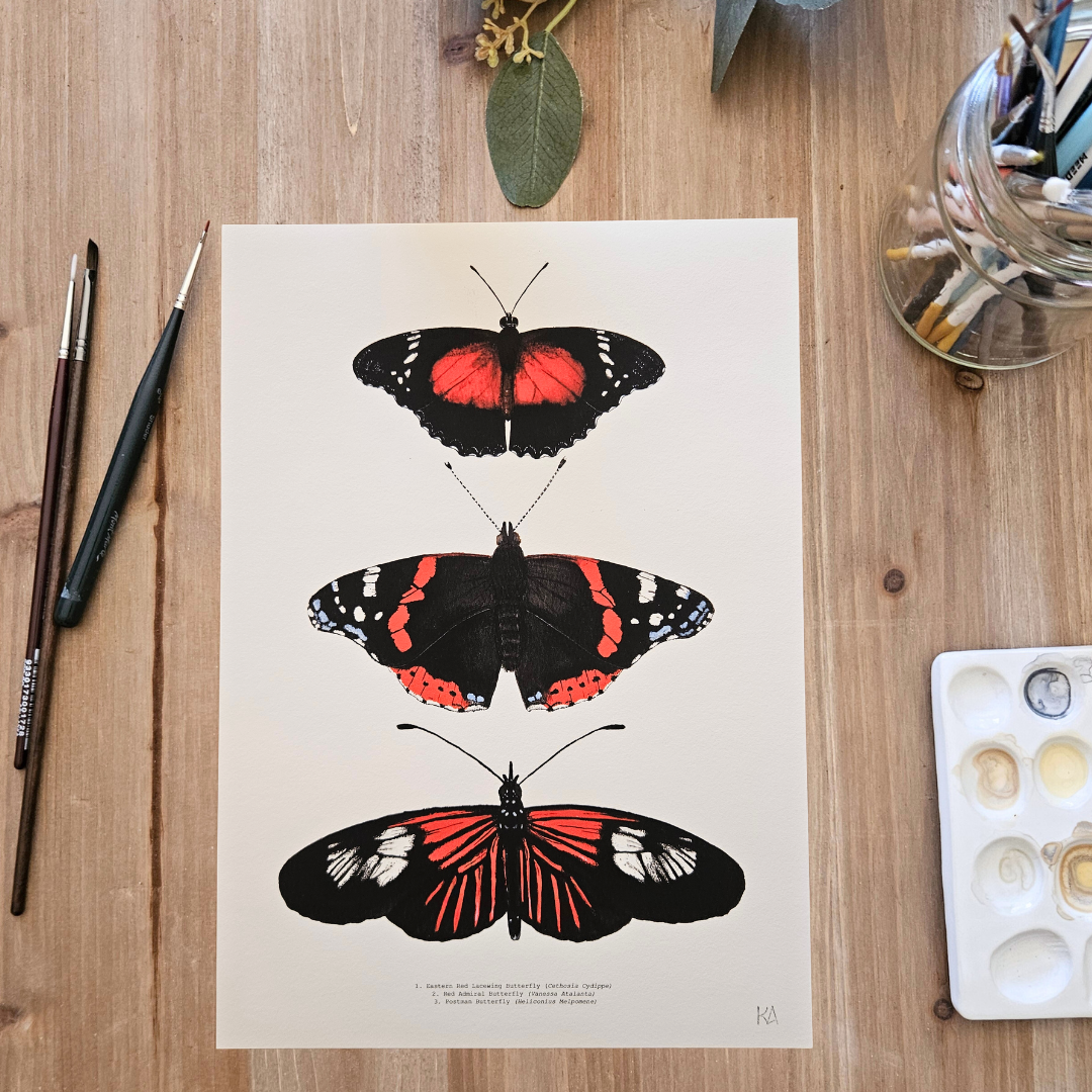 Watercolour Art Print - 'Red Butterfly Trio'