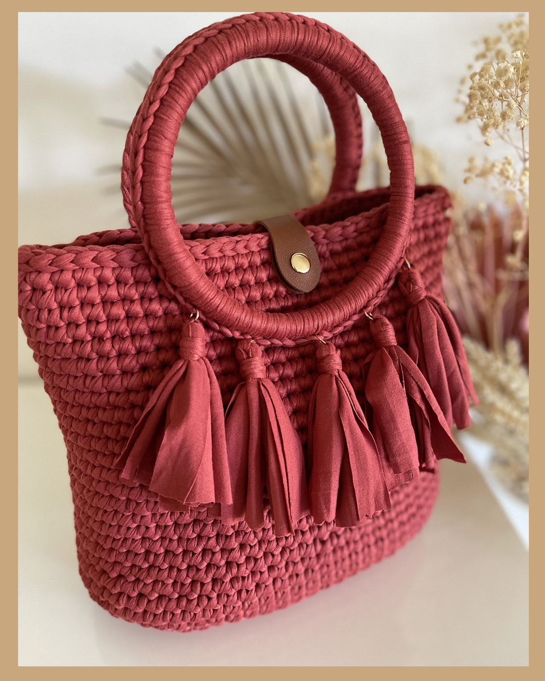 Handmade Crochet Bag Rose T Shirt Yarn Tassel Bag 30cm