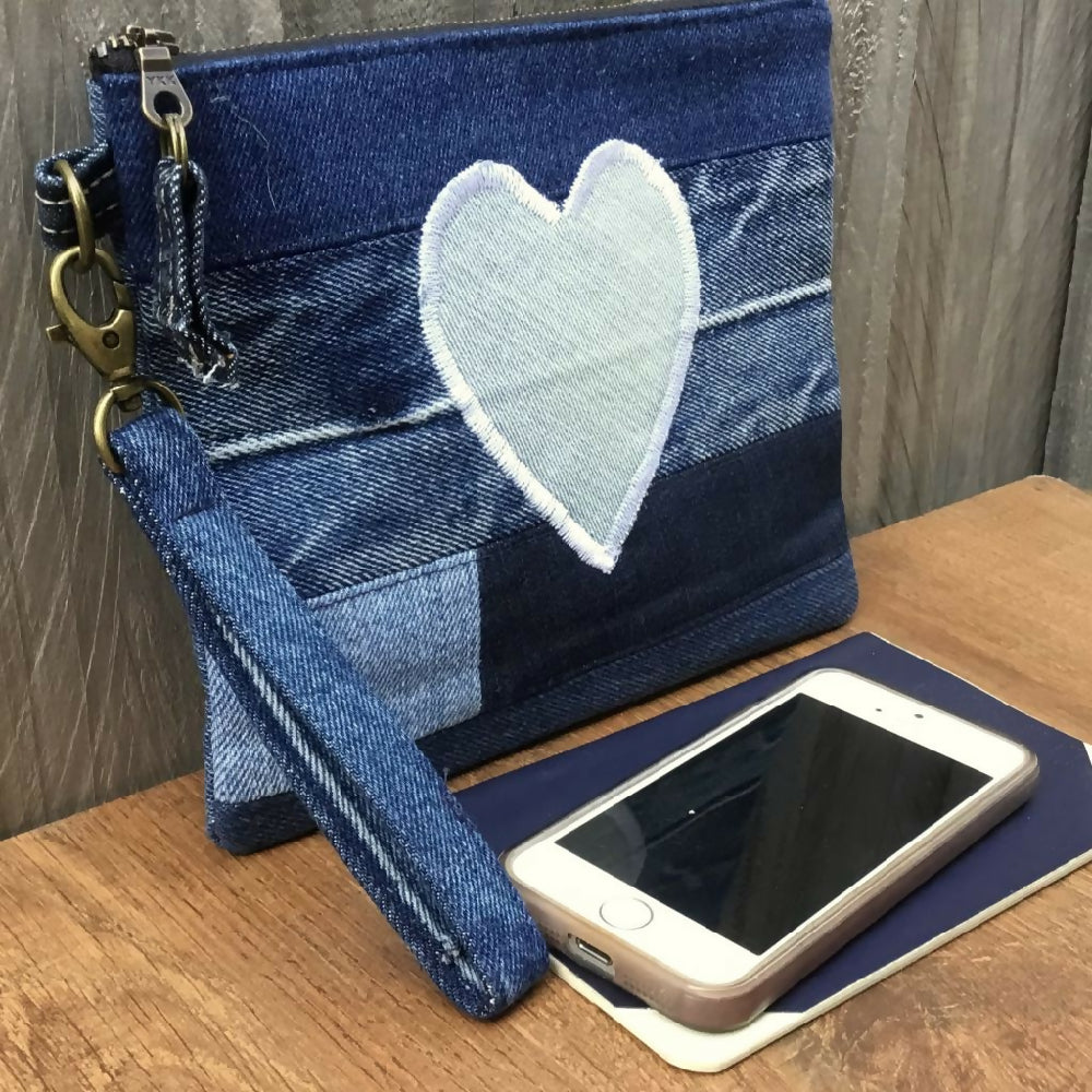 Upcycled Denim Clutch - Blue Heart