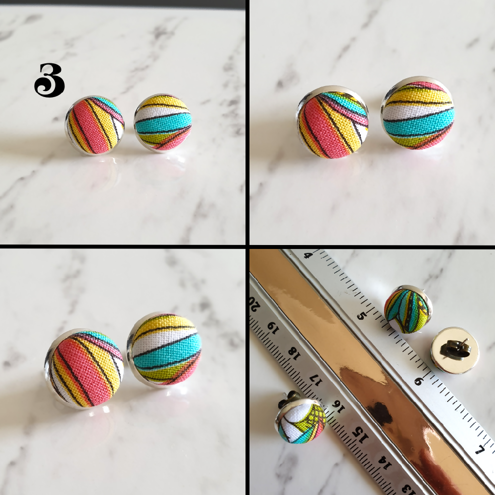 1.4cm Round Colourful Boho style cotton fabric Silver colour Cabochon stud earrings