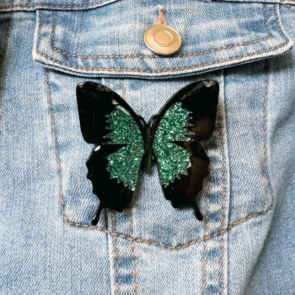 Australian-handmade-ulysses-butterfly-brooch-wood-glitter-resin-on-jacket-light