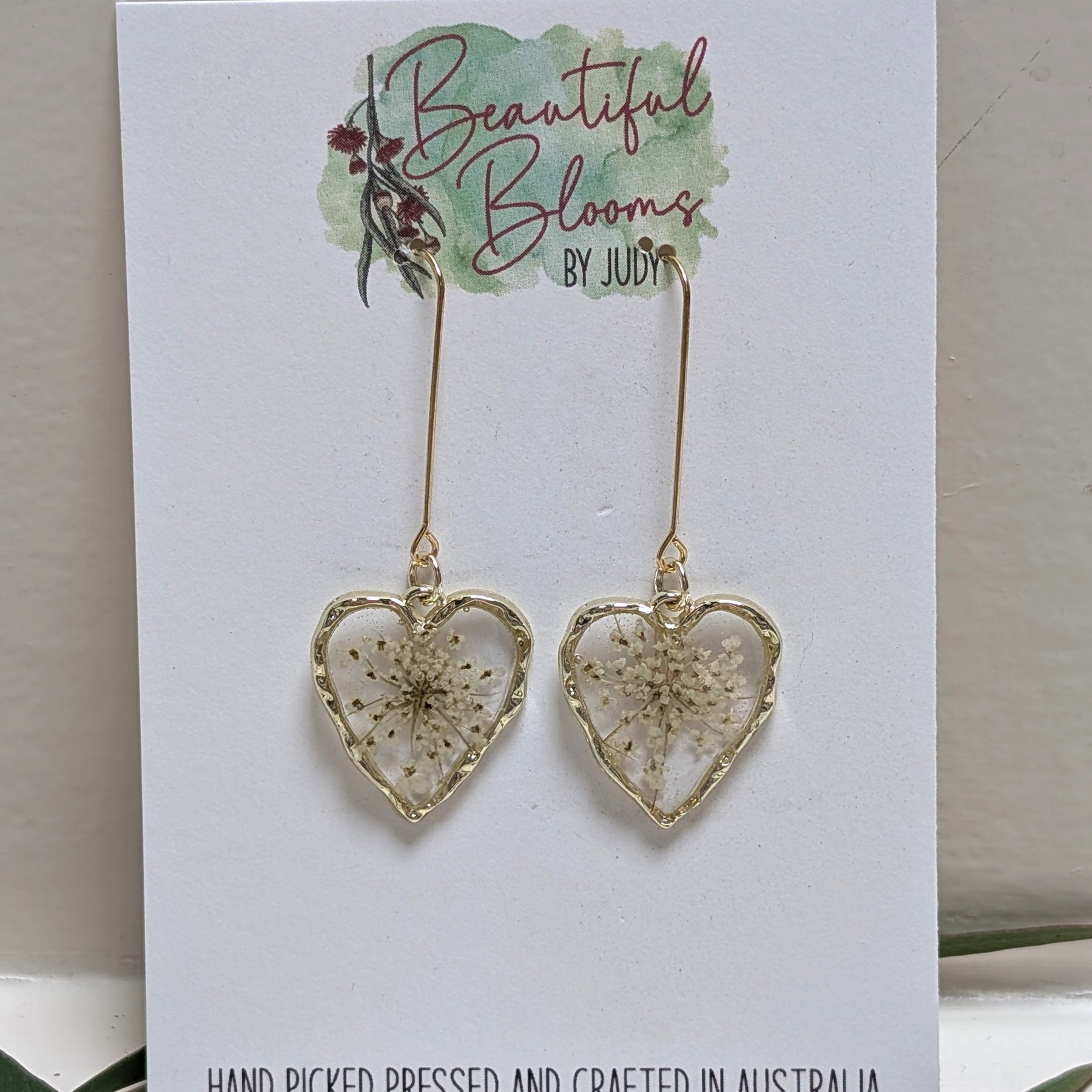 Elegant, heart shaped Queen Anne's Lace earrings