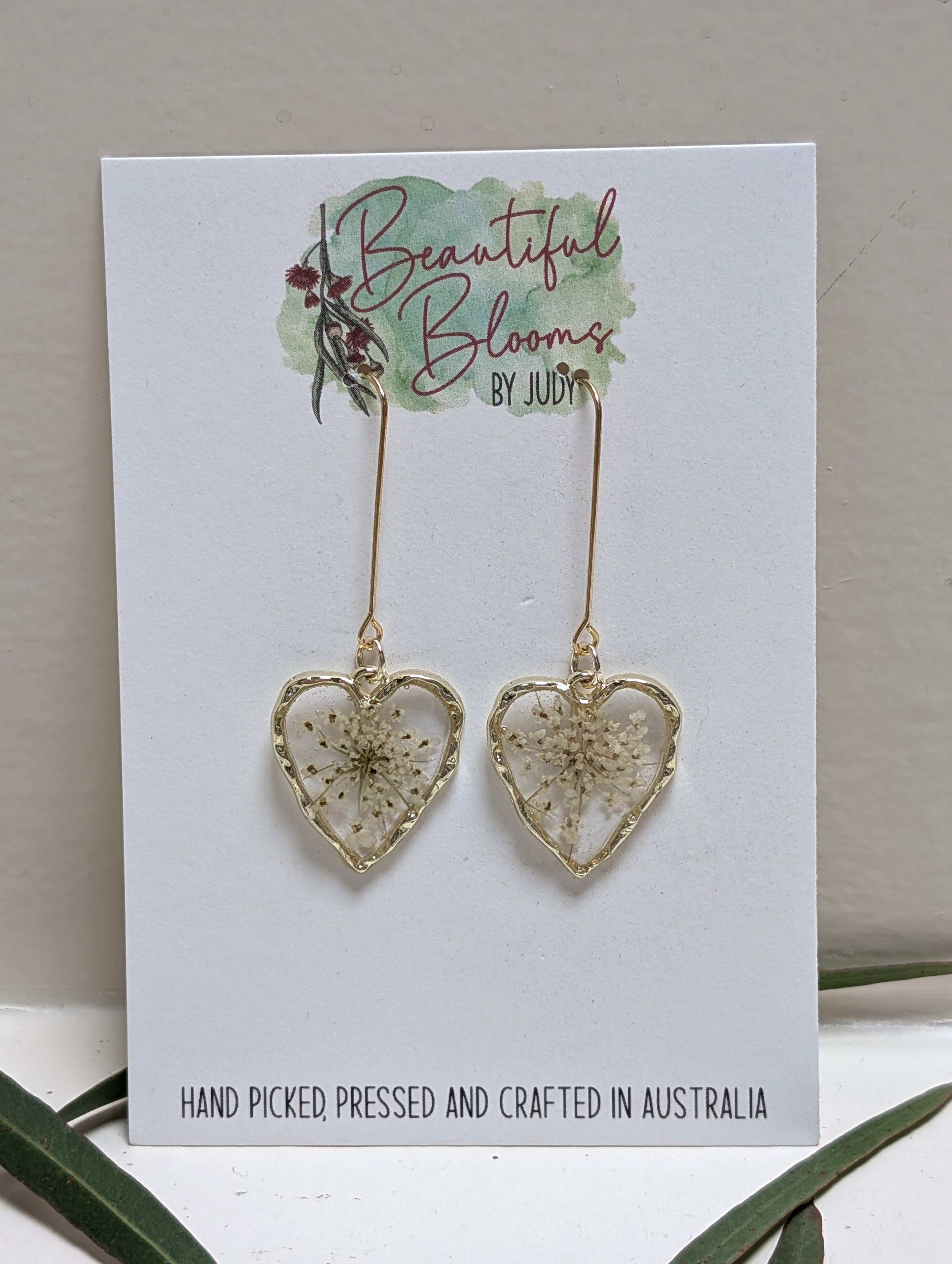 Elegant, heart shaped Queen Anne's Lace earrings