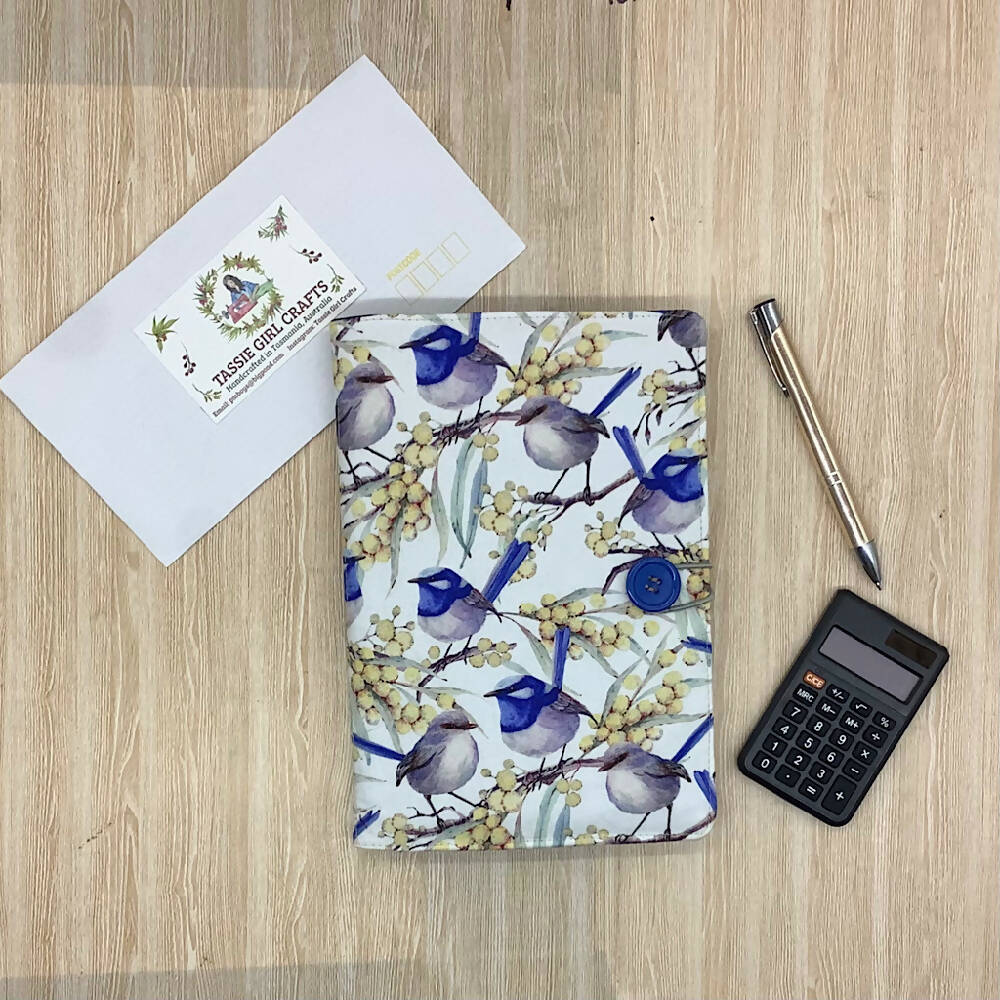 Blue Wren (white) refillable A5 fabric notebook cover gift set - Incl. book and pen.