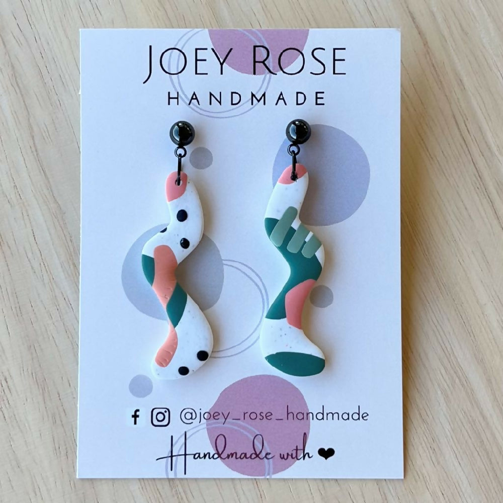 AMY ~ Green & Peach Abstract Print ~ Polymer Clay Earrings