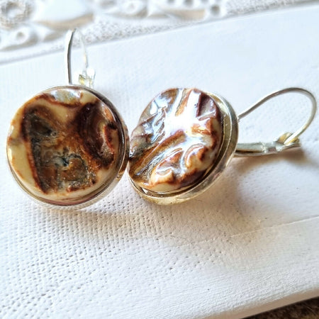 Artisan Ceramic Earrings, Dark Brown, Natural cream tones, Earthy reddish-brown, 18mm diameter, for pierced ears