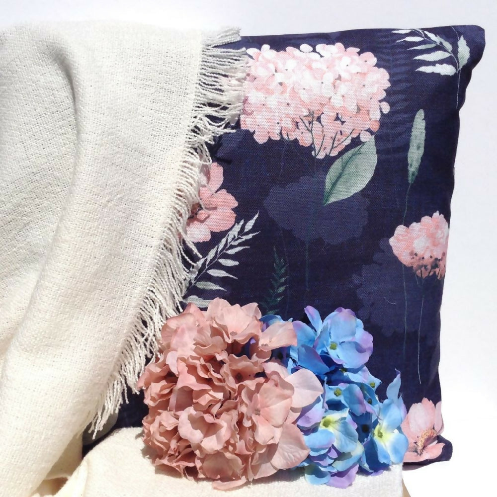 Dark blue floral cushion cover-Hydrangea throw pillow.