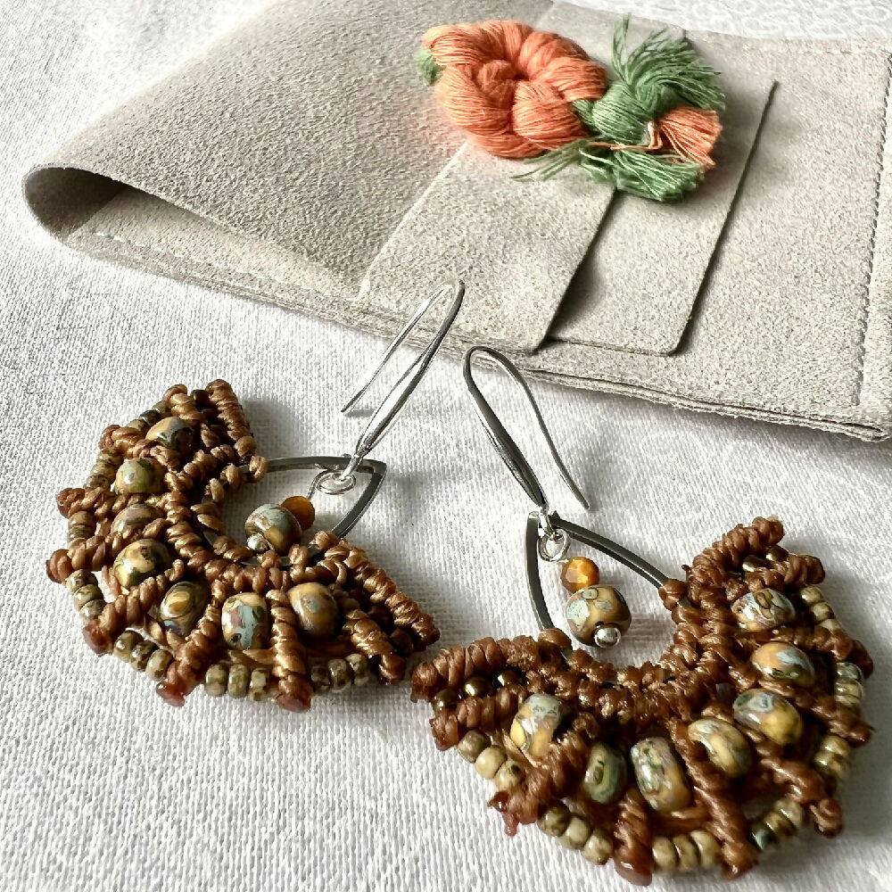 Brown Micro Macrame Earrings - Brown Miyuki +Free Microfibre Pouch