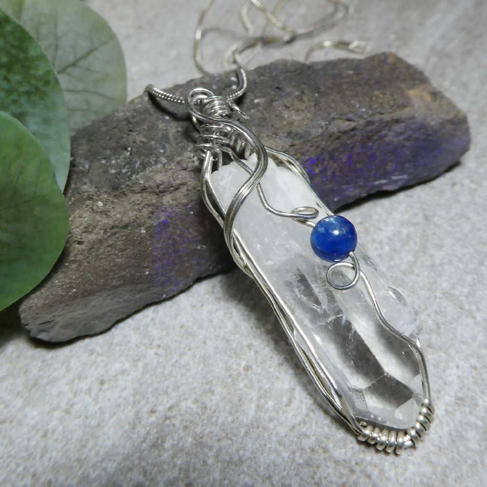 Large Quartz point with Kyanite Sterling silver pendant