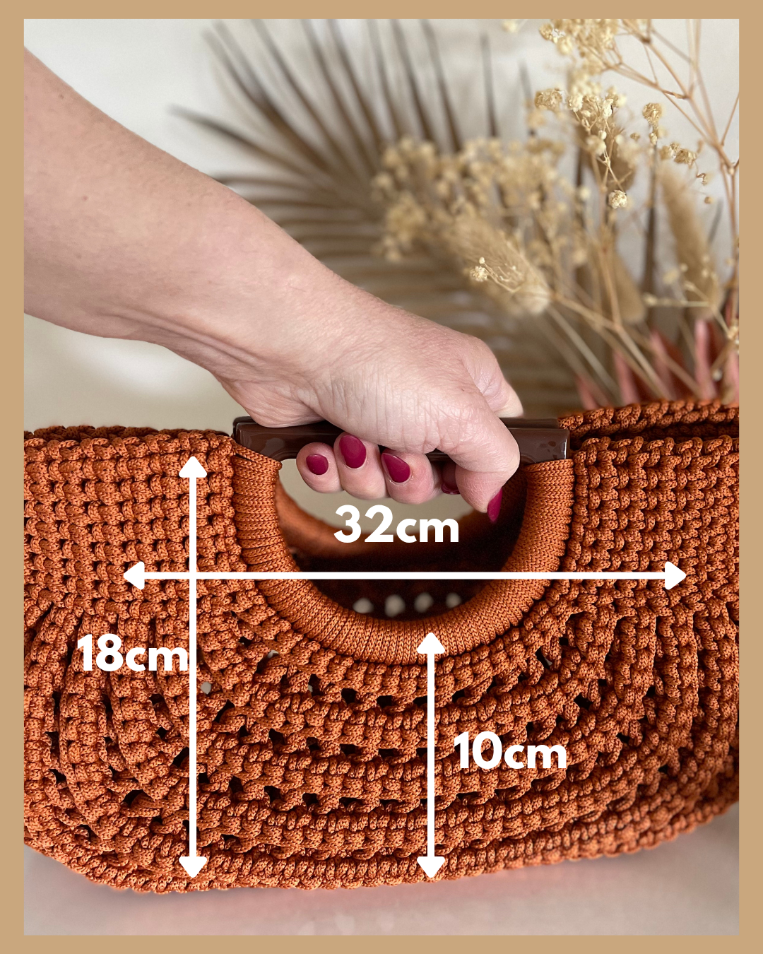 Handmade Crochet Handbag, Polyester Cord Bag with Wooden Handles, 32 cm Wide