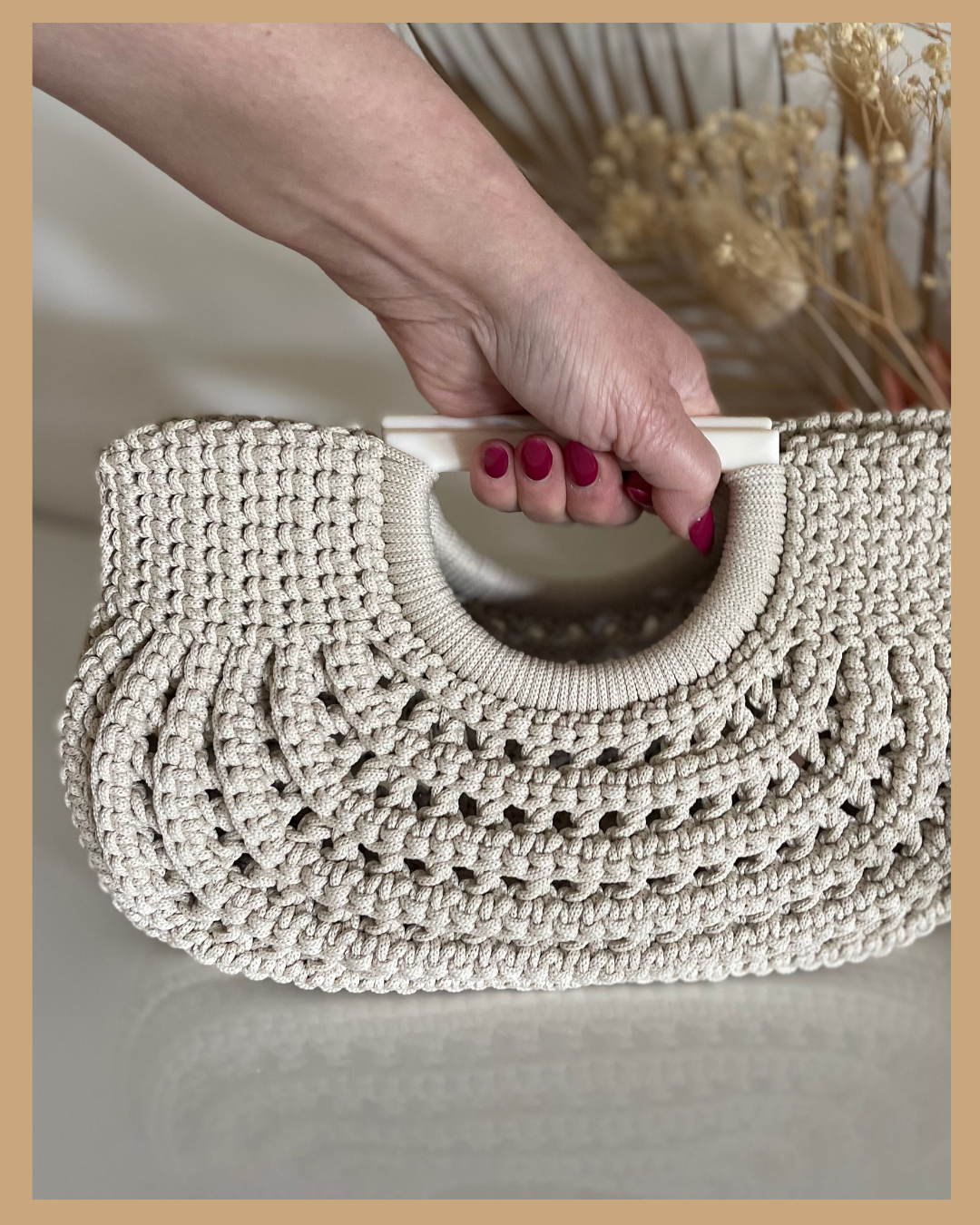 Handmade Crochet Handbag, Polyester Cord Bag with Wooden Handles, 32 cm Wide