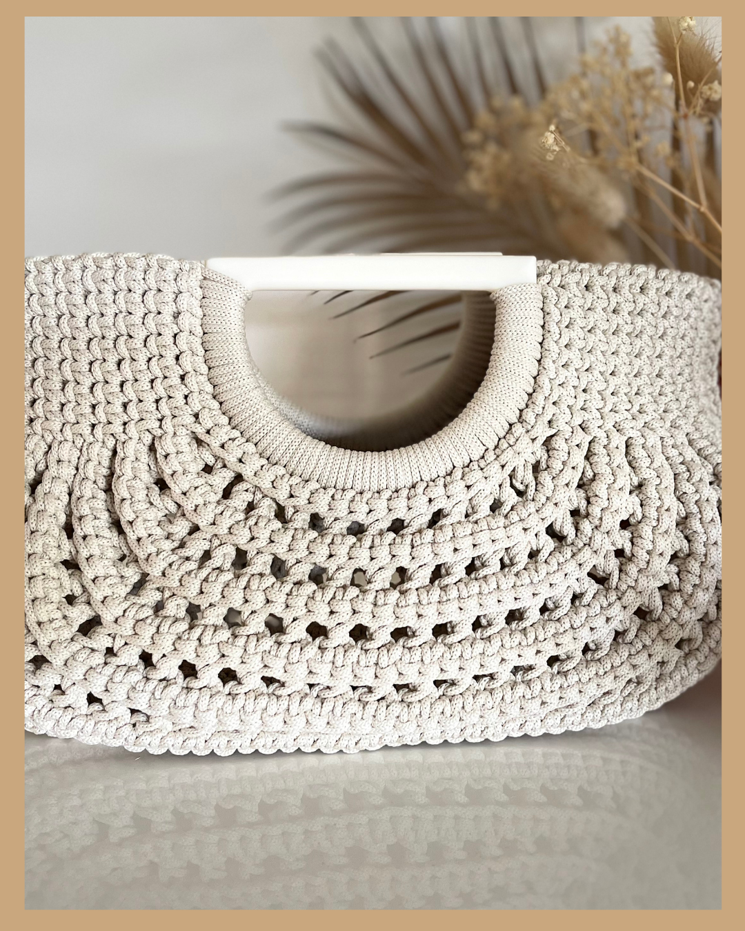 Handmade Crochet Handbag, Polyester Cord Bag with Wooden Handles, 32 cm Wide