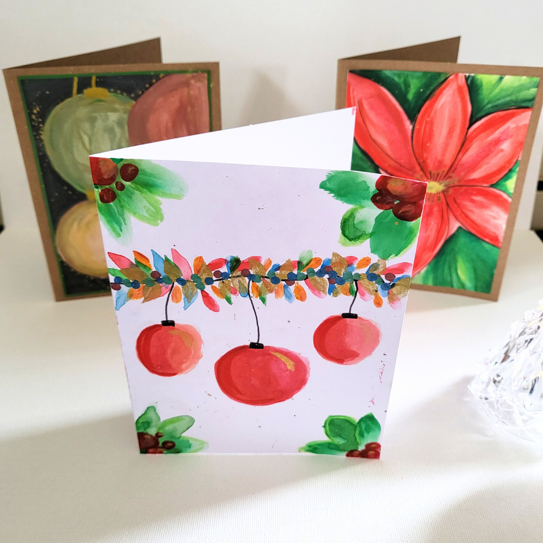 Hand-Painted Watercolour Christmas Cards. Set of 5.