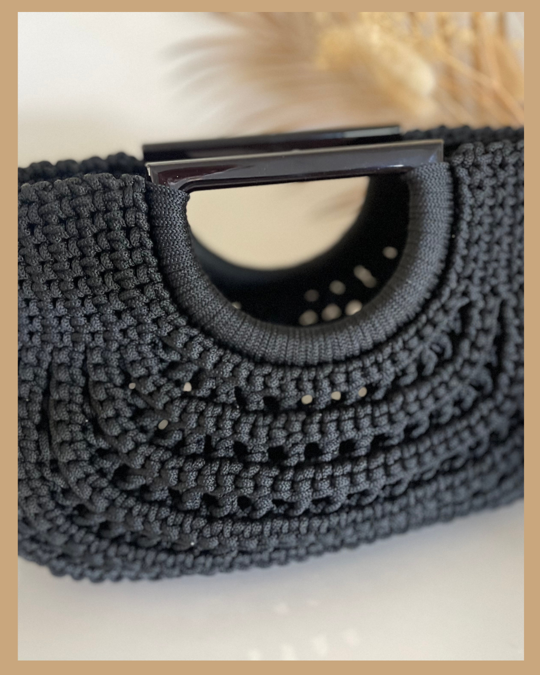 Handmade Crochet Handbag, Polyester Cord Bag with Wooden Handles, 32 cm Wide