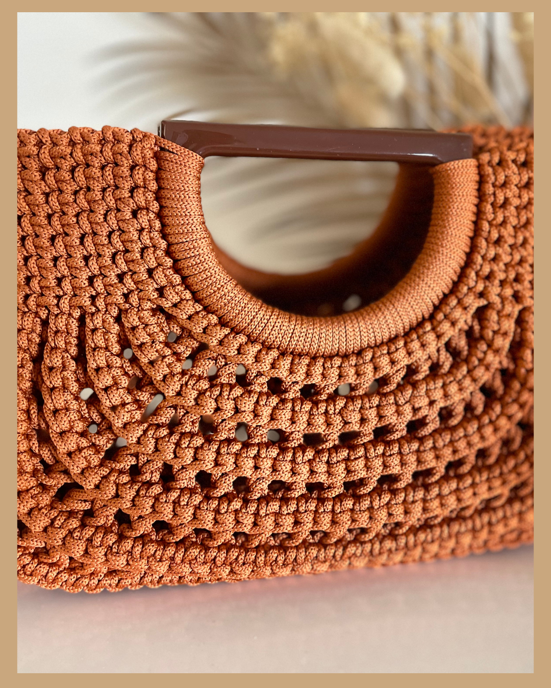 Handmade Crochet Handbag, Polyester Cord Bag with Wooden Handles, 32 cm Wide