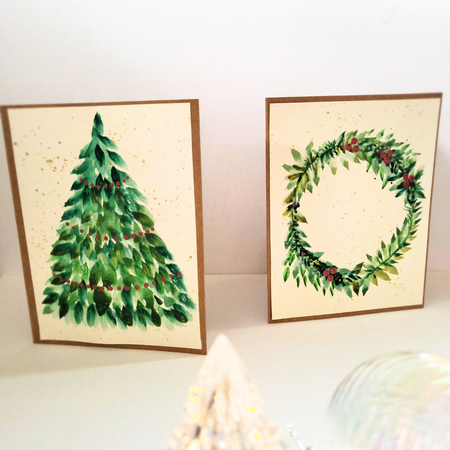 Watercolour Hand-Painted Christmas Cards. Set of 5.