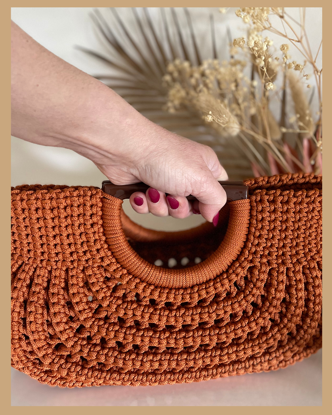 Handmade Crochet Handbag, Polyester Cord Bag with Wooden Handles, 32 cm Wide