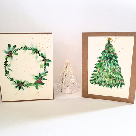 Hand-Painted Watercolour Christmas Cards. Set of 5.