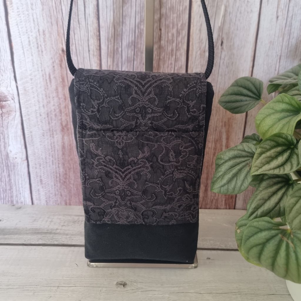 Upcycled medium phone messenger bag - black denim & textured filigree fabric
