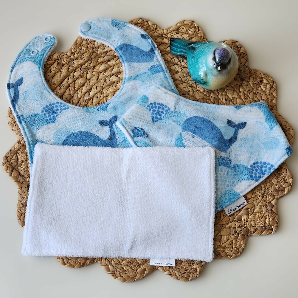 Baby Bibs & Wash Cloth Gift Set Blue & Grey