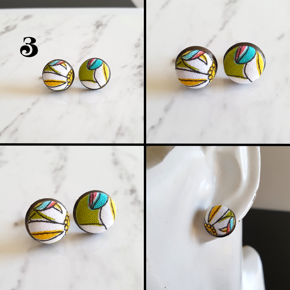 1.4cm Round Colourful Boho style cotton fabric Bronze colour Cabochon stud earrings