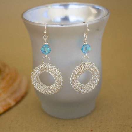 Silver Wire Knitted Blue Crystal Dangle Earrings | Something Blue Wedding