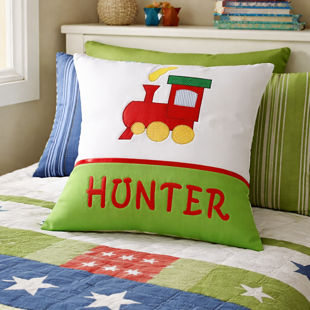 Personalised Kids Cushion | Custom Name Pillow | Handmade Applique Cushion | Nursery Decor - Train