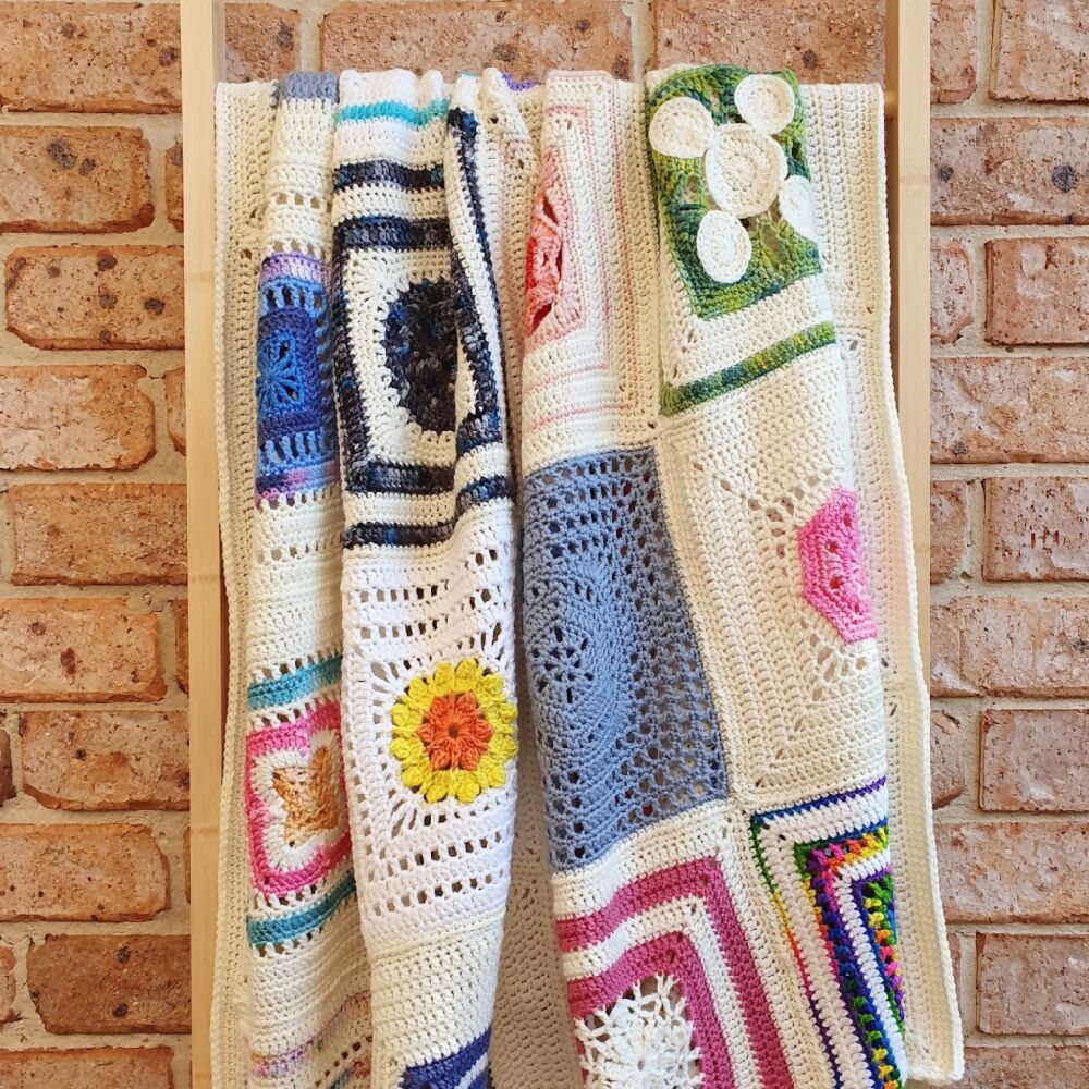 Single Blanket square blocks crochet wool cream multicolour