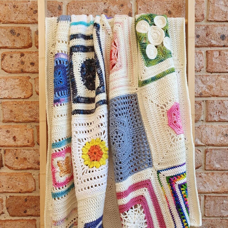 Single Blanket square blocks crochet wool cream multicolour