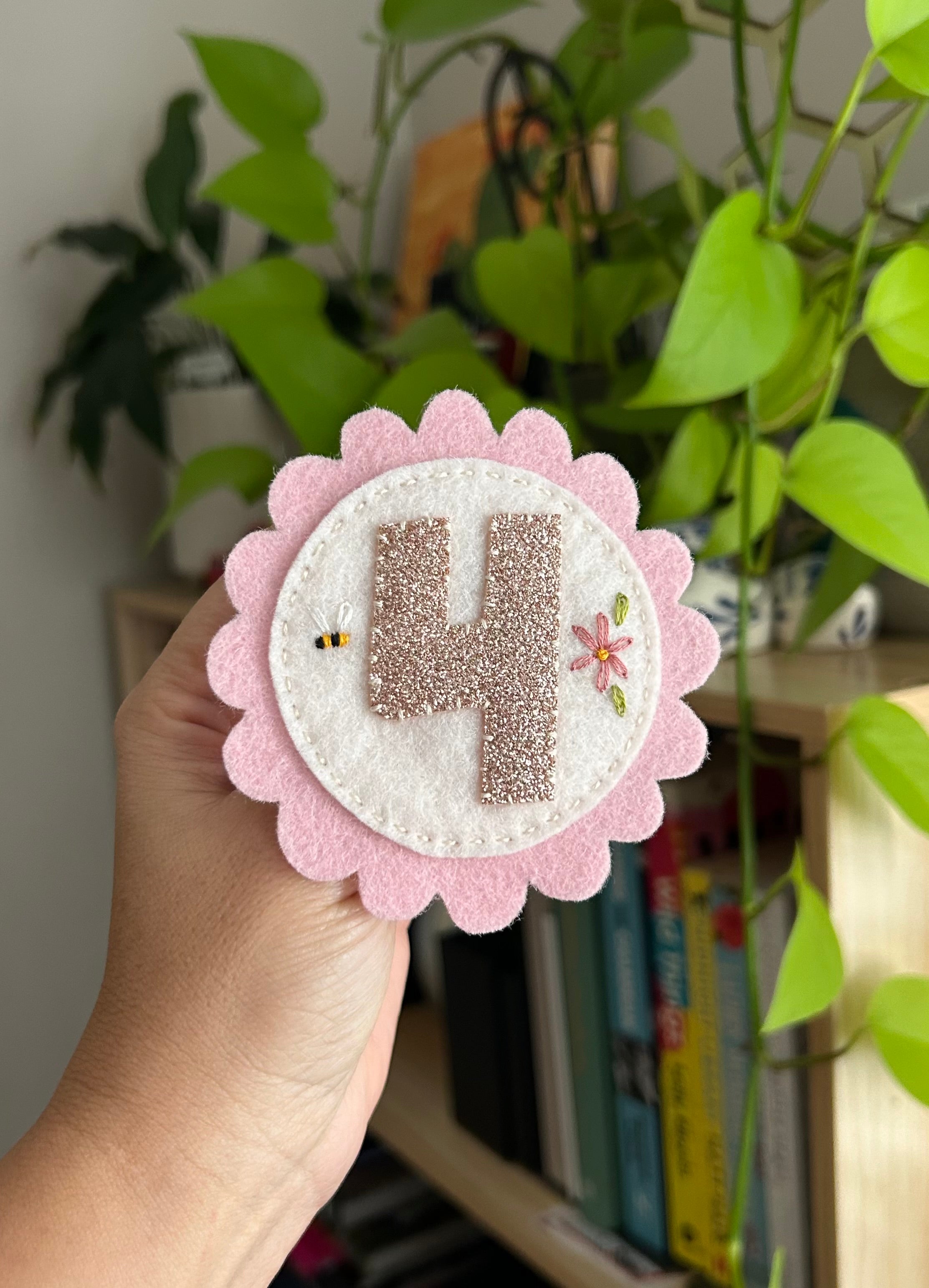 Birthday party badge, felt, embroidery, keepsake, heirloom