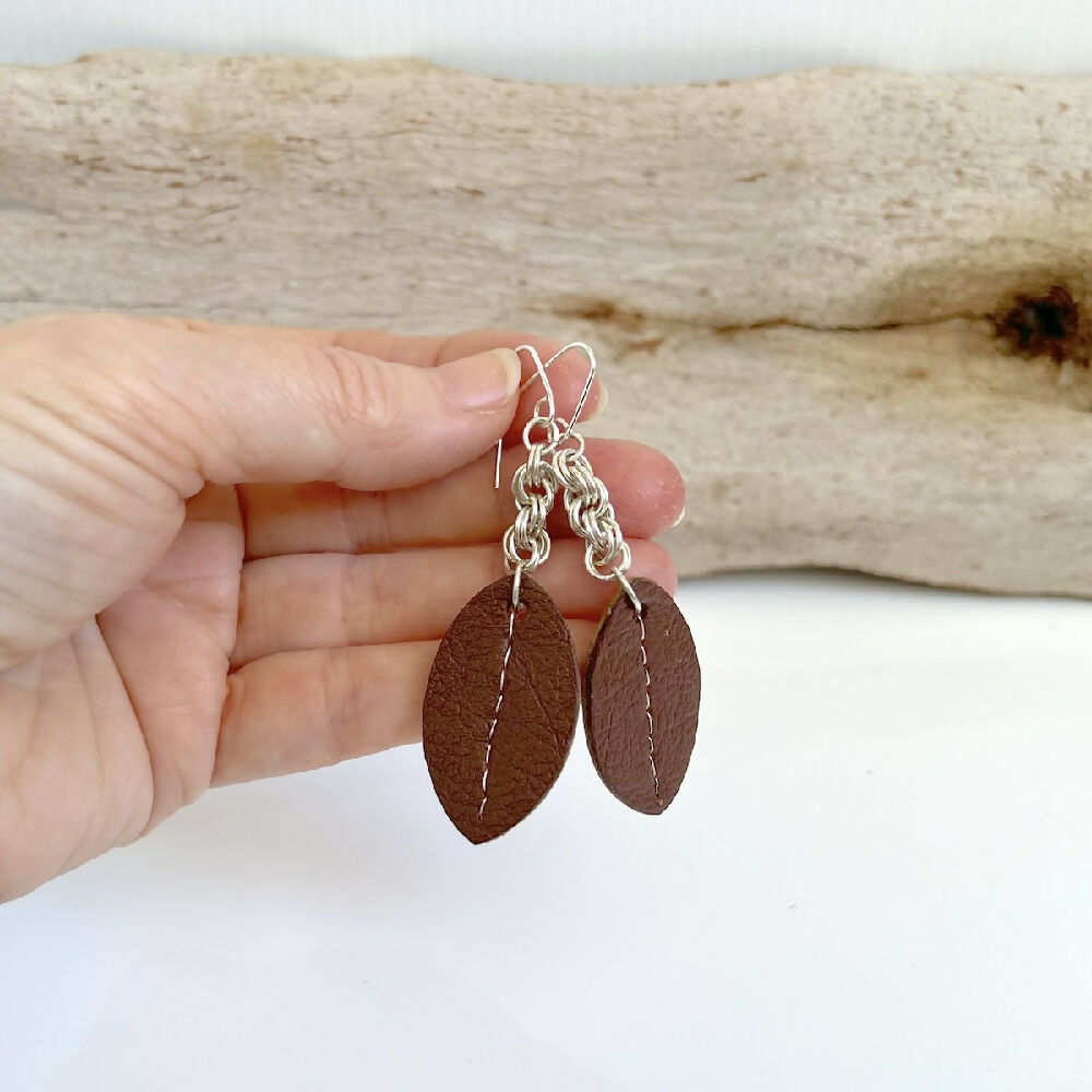 Sterling silver and leather dangle earrings