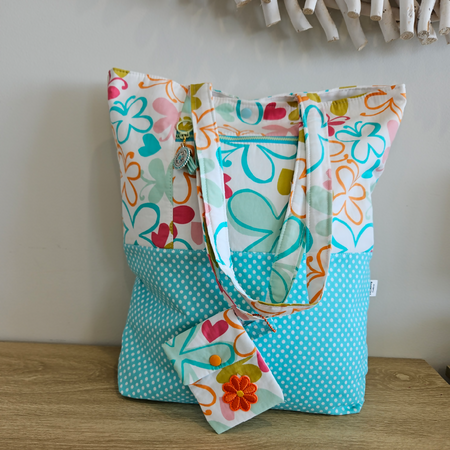 Tote Bag Zipper Pocket with Aqua and pink design