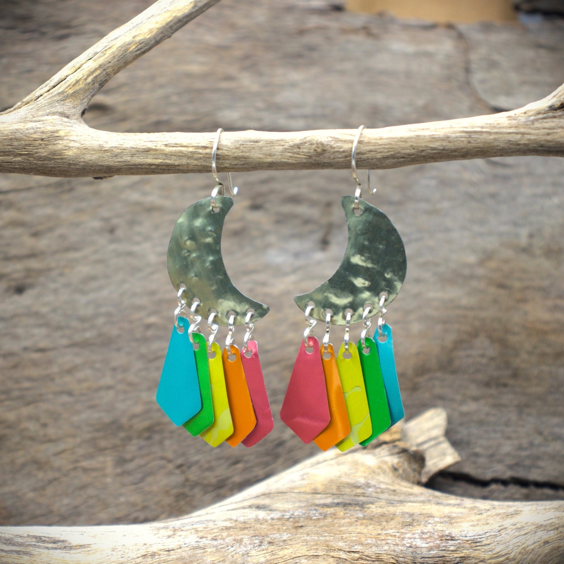 Rainbow Moon Earrings - upcycled materials