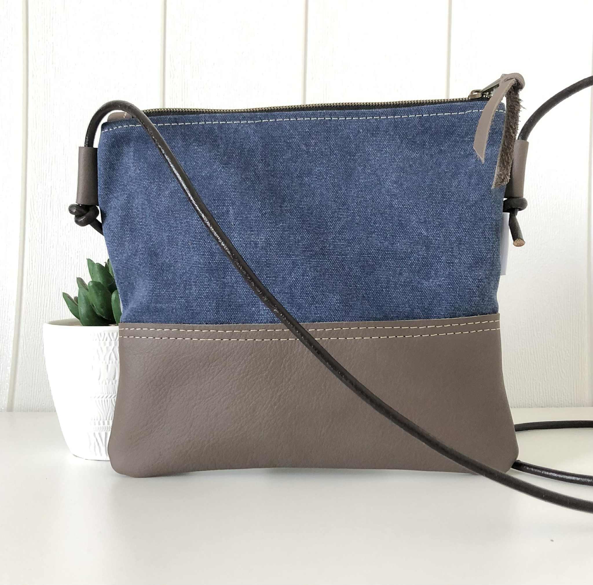 Cross Body Sling Bag in Leather and Blue Canvas with Waratah